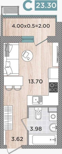 Студия 25,30 м² в ЖК Сады у Моря