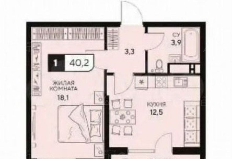 1-к. квартира, 40 м², 15/15 в ЖК "18/3"